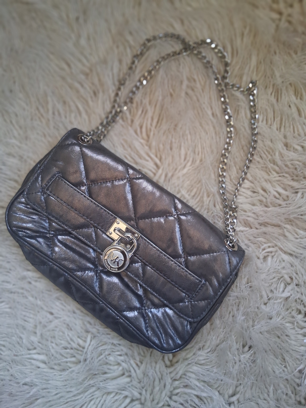 Micheal Kors Quilted Metallic Shoulder Bag in Gunmetal
